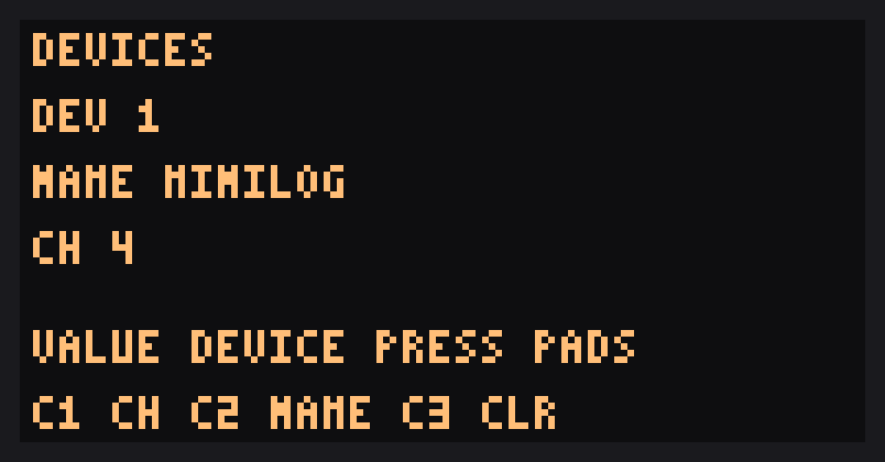 Devices screen: device 1 named MINILOG on channel 4