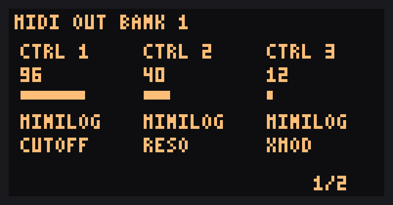 MIDI page 1/2: CTRL 1 to 3 with their values, device names and CC names